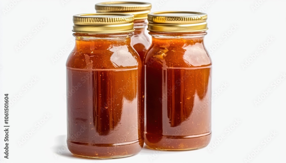 Three jars filled with a rich, amber-colored liquid, likely a homemade sauce or preserve, displayed against a white background. Three jars filled with a rich, amber-colored liquid, likely a homemade sauce or preserve, displayed against a white background.