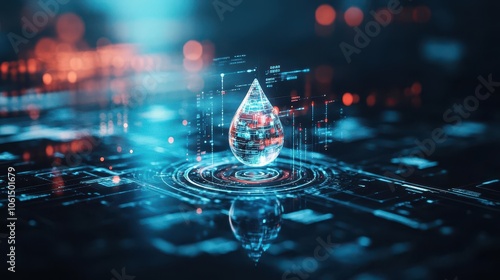 Binaryinfused water drop, detailed reflections, dark scifi backdrop, intense blue hue