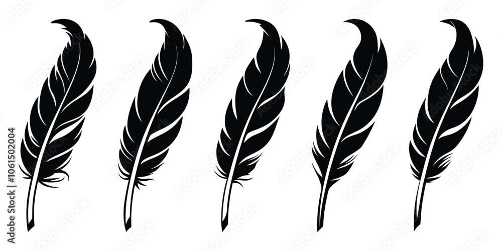 Bird Feather black silhouettes. Plumelet collection. Vector isolated on white Bird Feather black silhouettes. Plumelet collection. Vector isolated on white