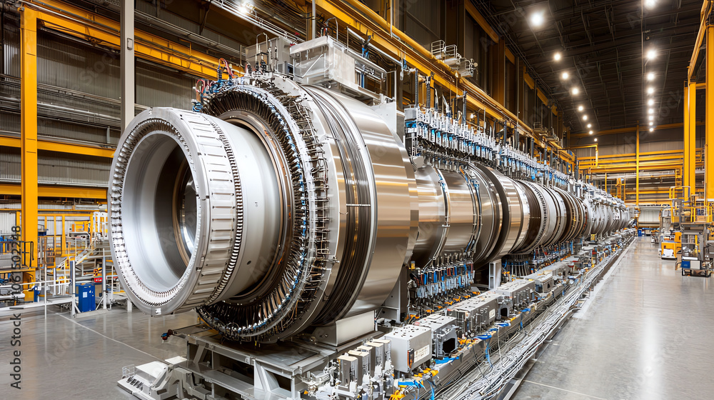 Row of advanced turbines and generators in a power plant sleek metallic design and complex wiring cool industrial lighting wide-angle shot showcasing modern power technology Row of advanced turbines and generators in a power plant sleek metallic design and complex wiring cool industrial lighting wide-angle shot showcasing modern power technology