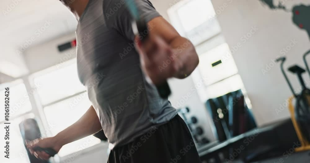 Body, skipping rope or man jumping in gym with fitness for legs, training and cardio exercise in challenge. Action, agility movement or motion of athlete with wellness, mobility workout or energy Body, skipping rope or man jumping in gym with fitness for legs, training and cardio exercise in challenge. Action, agility movement or motion of athlete with wellness, mobility workout or energy