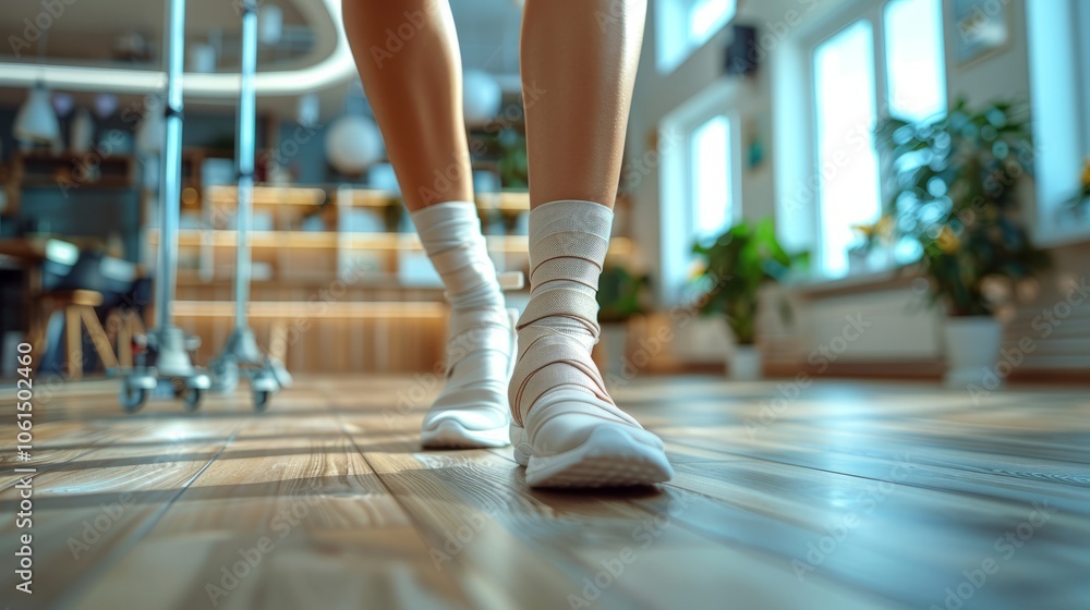 Someone is walking barefoot on polished wooden floors, wearing cozy socks in a sunny, well-lit space filled with greenery Someone is walking barefoot on polished wooden floors, wearing cozy socks in a sunny, well-lit space filled with greenery