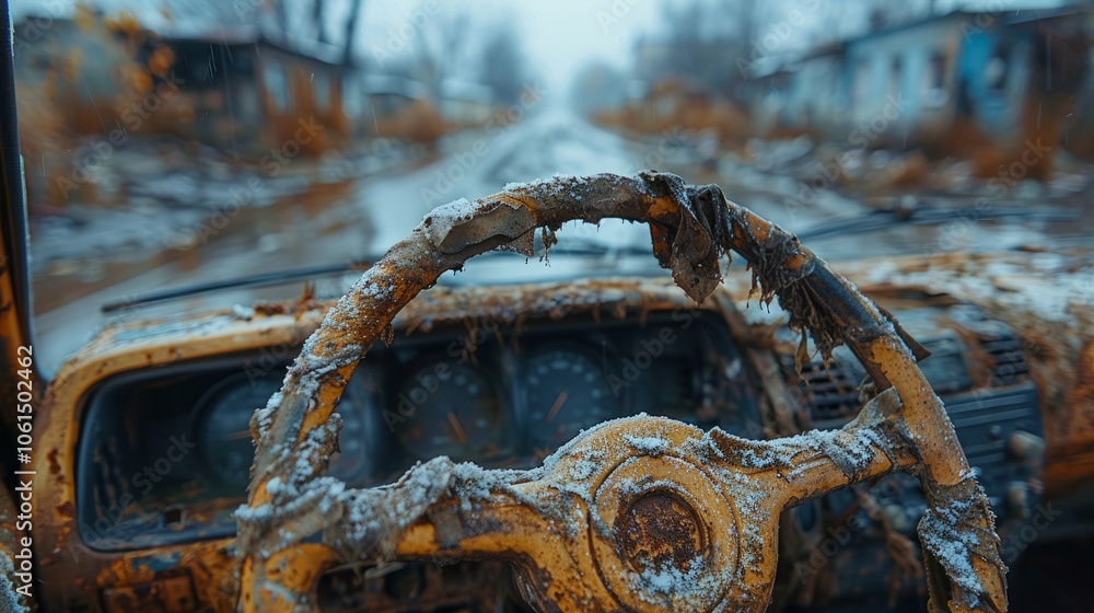 A rusty steering wheel covered in snow sits inside an abandoned car A rusty steering wheel covered in snow sits inside an abandoned car