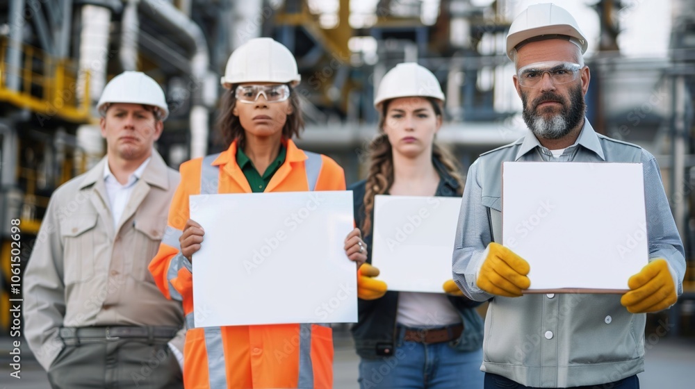Group of factory workers protesting outside the workplace, holding blank signs as expressions of frustration and disagreement. Labor, strike,demonstration,manufacturing,inequality, injustice, rights
