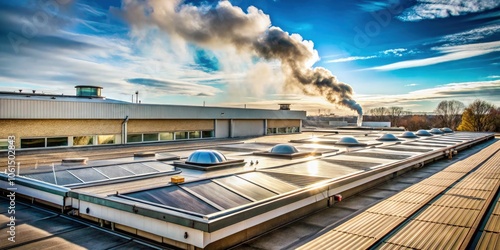 Industrial flat roof with prz standard scale and smoke rising at sunset. Generative AI photo