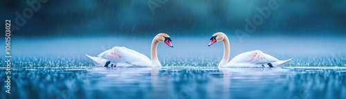 Elegant swans gliding through rainy lake, water droplets forming delicate ripples around them, soft pastel tones photo