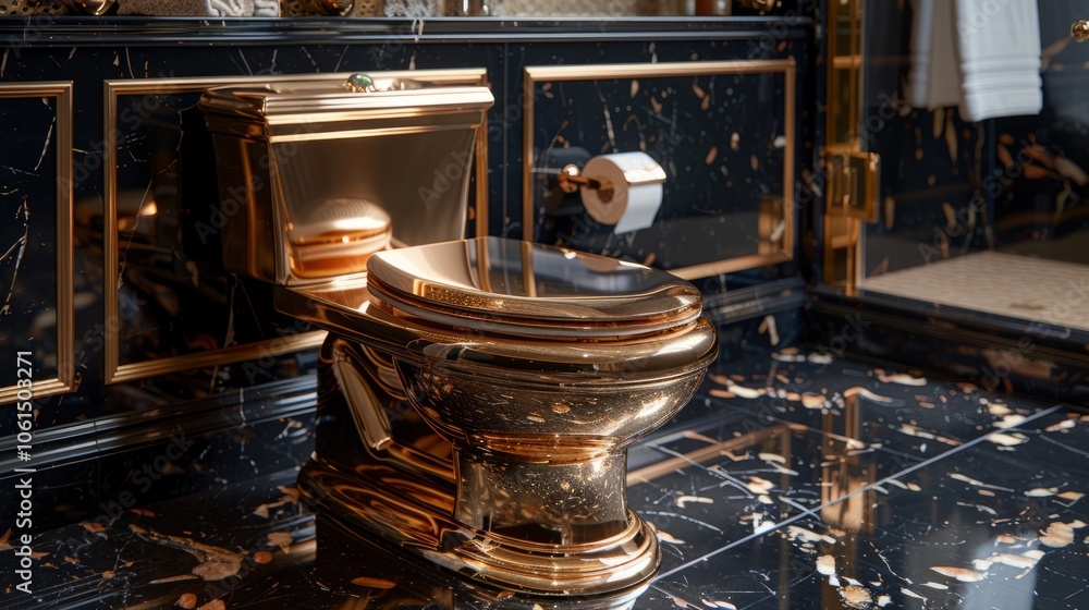 A lavish bathroom showcases a gleaming golden toilet surrounded by exquisite black and gold marble finishes A lavish bathroom showcases a gleaming golden toilet surrounded by exquisite black and gold marble finishes