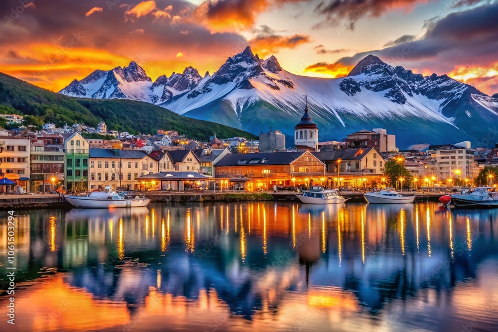 Stunning Ushuaia Waterfront Cityscape at Dusk, Capturing the Vibrant Colors of Argentina's Southernmost City with Majestic Mountains in the Background and Reflections on the Water Stunning Ushuaia Waterfront Cityscape at Dusk, Capturing the Vibrant Colors of Argentina's Southernmost City with Majestic Mountains in the Background and Reflections on the Water