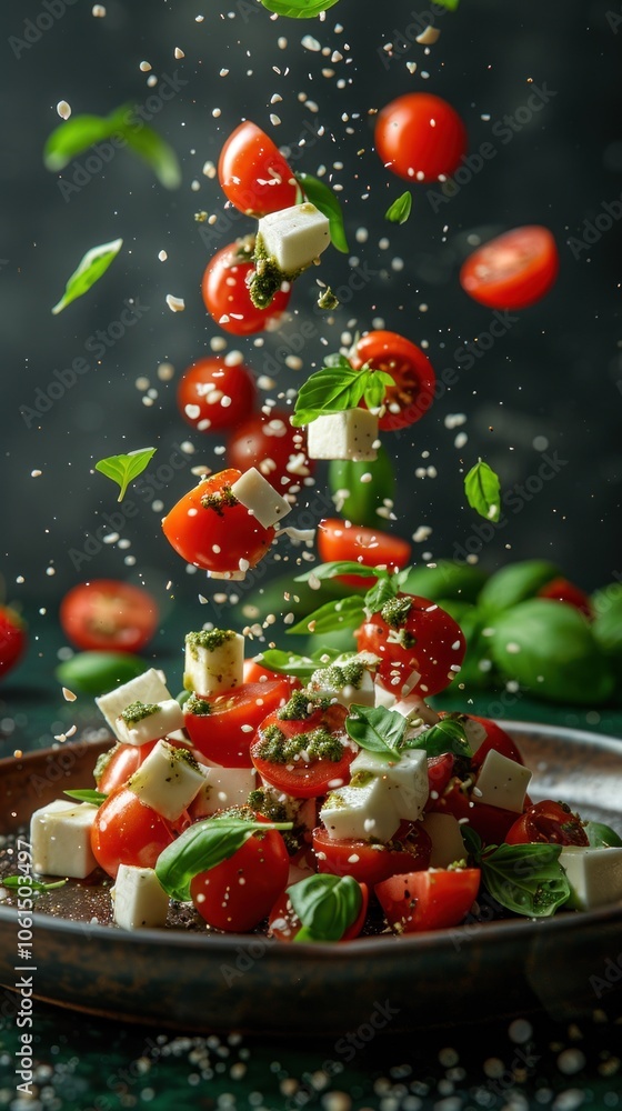 Levitating caprese salad ingredients. Italian caprese salad with tomatoes, mozzarella cheese, basil and pesto sauce Levitating caprese salad ingredients. Italian caprese salad with tomatoes, mozzarella cheese, basil and pesto sauce