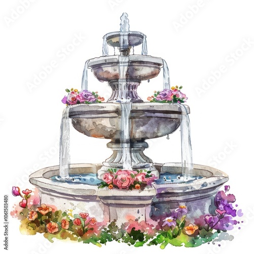 Elegant watercolor garden fountain photo