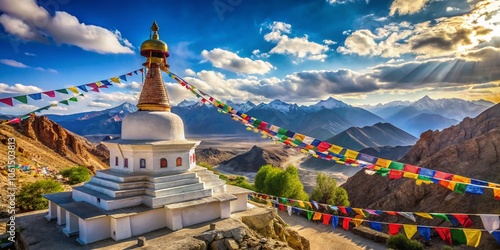 Stunning White Stupa with Vibrant Prayer Flags at Tiksey Monastery in Leh Ladakh, Northern India - Scenic Landscape Photography, Travel Destinations, Culture and Religion photo