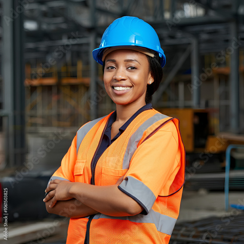 Confident female construction worker in a blue helmet and orange safety vest, standing at a work site.