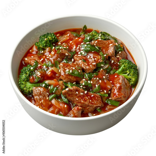 Savory beef stir-fry with broccoli in a white bowl, on transparent background.