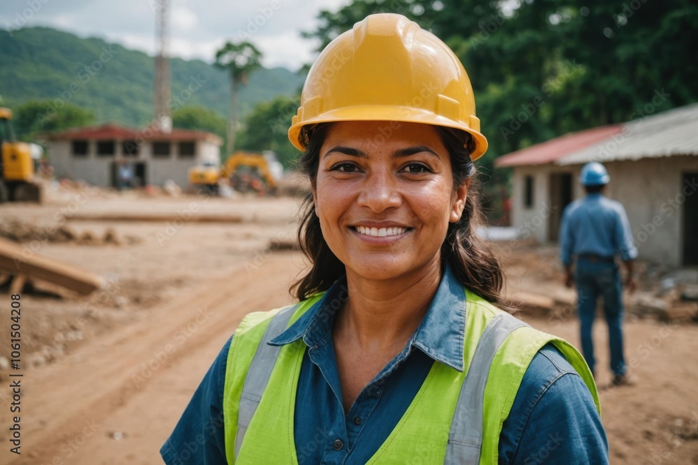 Close portrait of a smiling 40s Honduran woman construction worker looking at the camera, Honduran outdoors construction site blurred background Close portrait of a smiling 40s Honduran woman construction worker looking at the camera, Honduran outdoors construction site blurred background