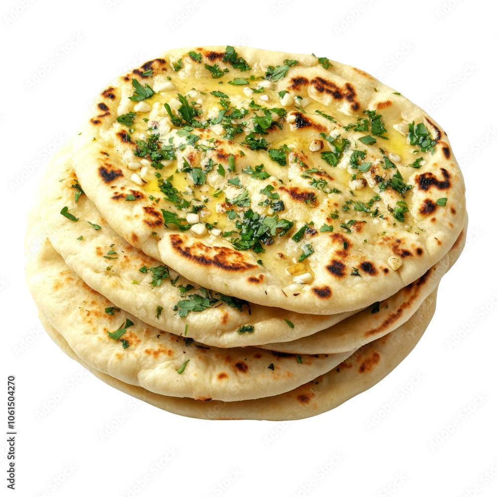 Stack of freshly baked naan bread with herbs and garlic on transparent background. Stack of freshly baked naan bread with herbs and garlic on transparent background.