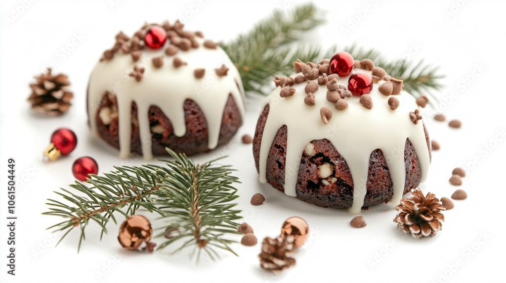 Festive Christmas pudding with a white chocolate glaze, isolated on a crisp white background with subtle holiday decor Festive Christmas pudding with a white chocolate glaze, isolated on a crisp white background with subtle holiday decor