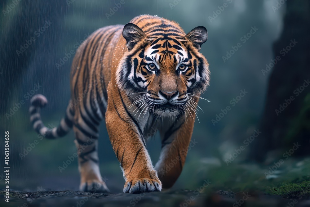 Majestic tiger walking gracefully under soft rain, droplets glistening on its fur, surrounded by lush, misty jungle Majestic tiger walking gracefully under soft rain, droplets glistening on its fur, surrounded by lush, misty jungle