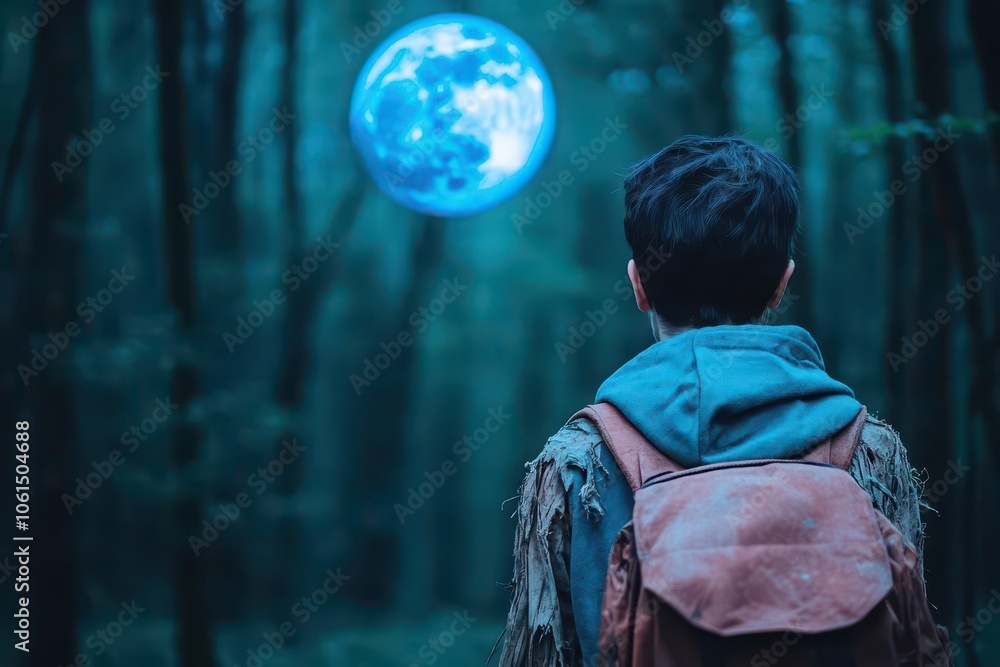 Fototapeta premium Midnight forest chase figure in tattered clothes frantic glance over shoulder eerie full moon casts blue hue lowangle captures movement through dense shadows