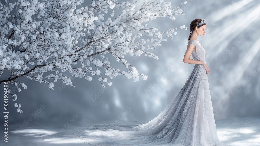 Woman in flowing white gown with snow-covered tree background Woman in flowing white gown with snow-covered tree background