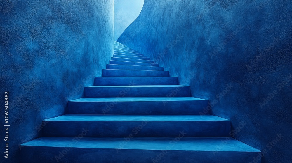 A serene blue staircase leads upward, suggesting a journey or transition. A serene blue staircase leads upward, suggesting a journey or transition.
