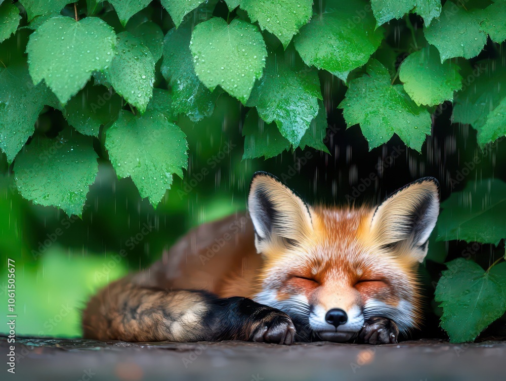 Obraz premium Sleepy fox resting under the shelter of broad leaves, rain softly falling, deep greens and warm orange tones blending