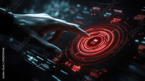 Hand touching a futuristic digital hologram with a circular graphic interface on a dark background, an AI technology concept
