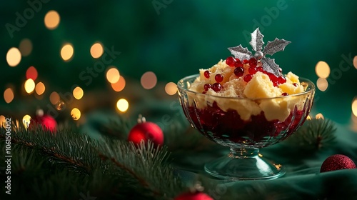 Rich fruit pudding with a silver holly sprig, isolated on a deep forest green background with fairy lights photo