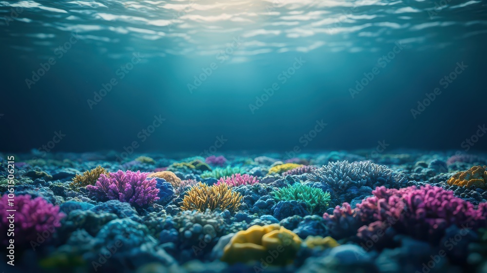 Fototapeta premium Underwater coral reef affected by pollution, dark and moody lighting, hyperrealistic, emphasizing environmental impact on marine life