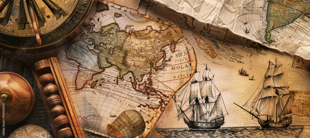 A vibrant marketing flyer showcasing columbus day themes with images of historic ships and ancient maps, promoting travel deals. the design is bold, adventurous A vibrant marketing flyer showcasing columbus day themes with images of historic ships and ancient maps, promoting travel deals. the design is bold, adventurous