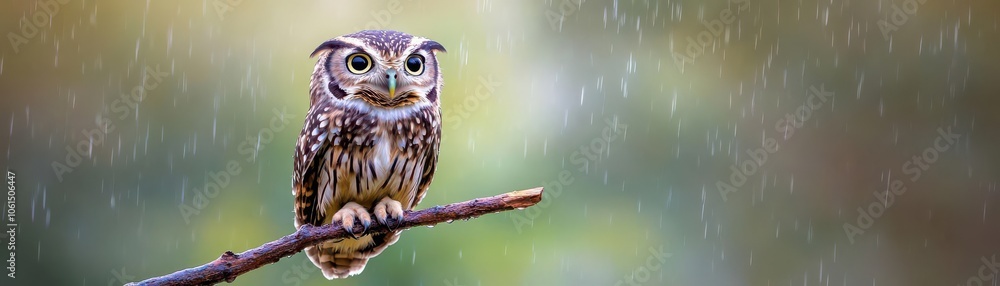 Obraz premium Wise owl perched on a branch, rain gently falling around, feathers capturing the glow of a damp, soft night