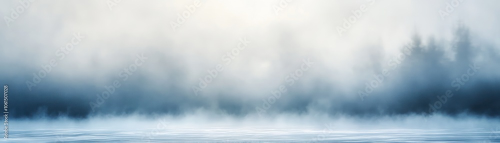 A serene misty landscape with a soft blue hue and silhouettes of trees in the background. A serene misty landscape with a soft blue hue and silhouettes of trees in the background.