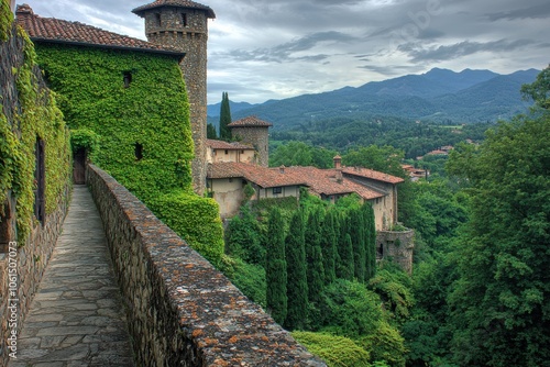 A scenic view of a stone pathway leading to a historic castle, surrounded by lush greenery and mountains in the background.