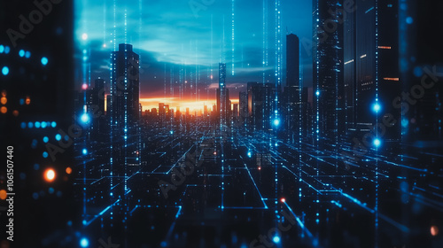 Smart digital city with connection cyber security network reciprocity over the cityscape . future smart wireless digital city and social media networking systems that connects people within the city