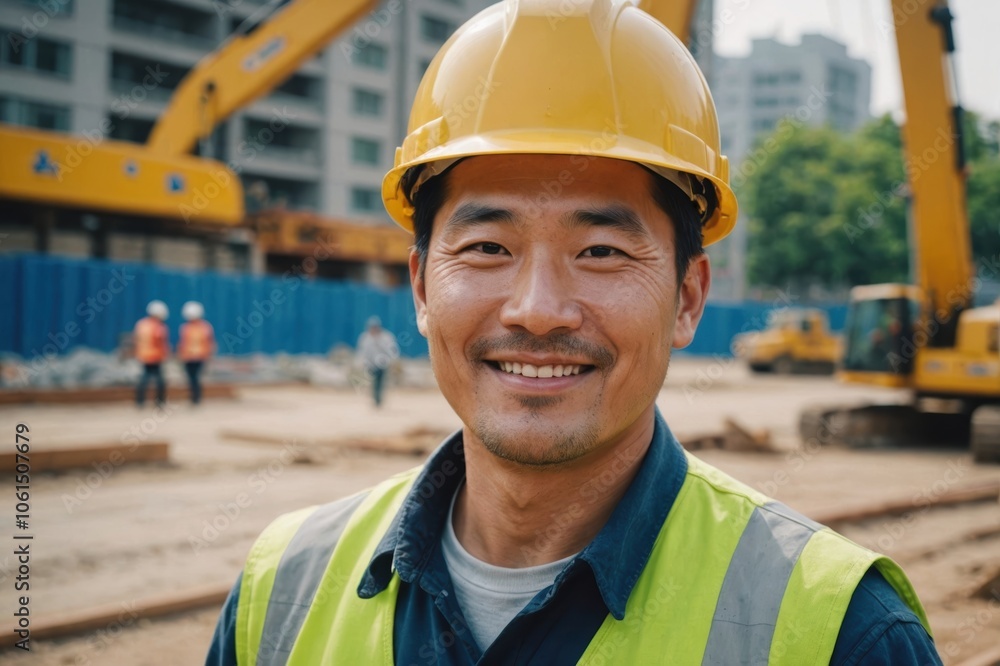 Close portrait of a smiling 40s Korean man construction worker looking at the camera, Korean outdoors construction site blurred background Close portrait of a smiling 40s Korean man construction worker looking at the camera, Korean outdoors construction site blurred background