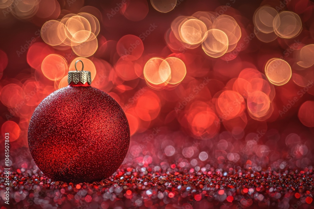 A glittering red Christmas ornament stands against a backdrop of shimmering red bokeh lights, evoking festive cheer and holiday spirit. A glittering red Christmas ornament stands against a backdrop of shimmering red bokeh lights, evoking festive cheer and holiday spirit.