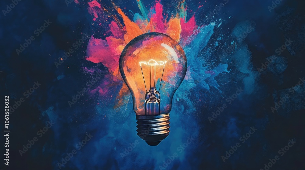 Abstract composition of a glowing light bulb with splashes of blue, orange, and pink paint, capturing the boldness of creativity and the birth of innovation. The dynamic design symbolizes fresh ideas Abstract composition of a glowing light bulb with splashes of blue, orange, and pink paint, capturing the boldness of creativity and the birth of innovation. The dynamic design symbolizes fresh ideas