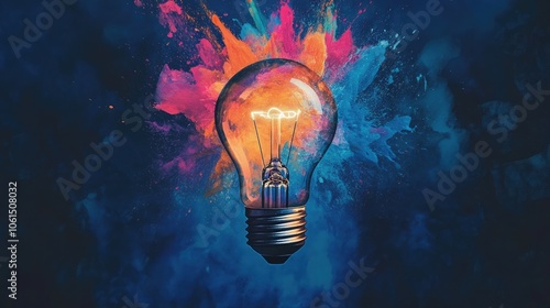 Abstract composition of a glowing light bulb with splashes of blue, orange, and pink paint, capturing the boldness of creativity and the birth of innovation. The dynamic design symbolizes fresh ideas 