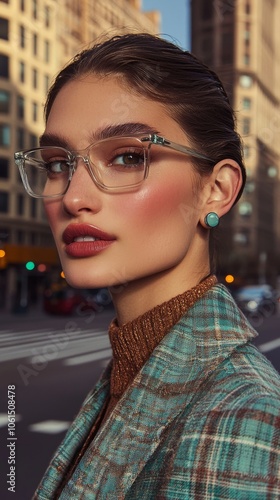 Trendy Woman in Plaid Coat and Glasses Walking in City photo