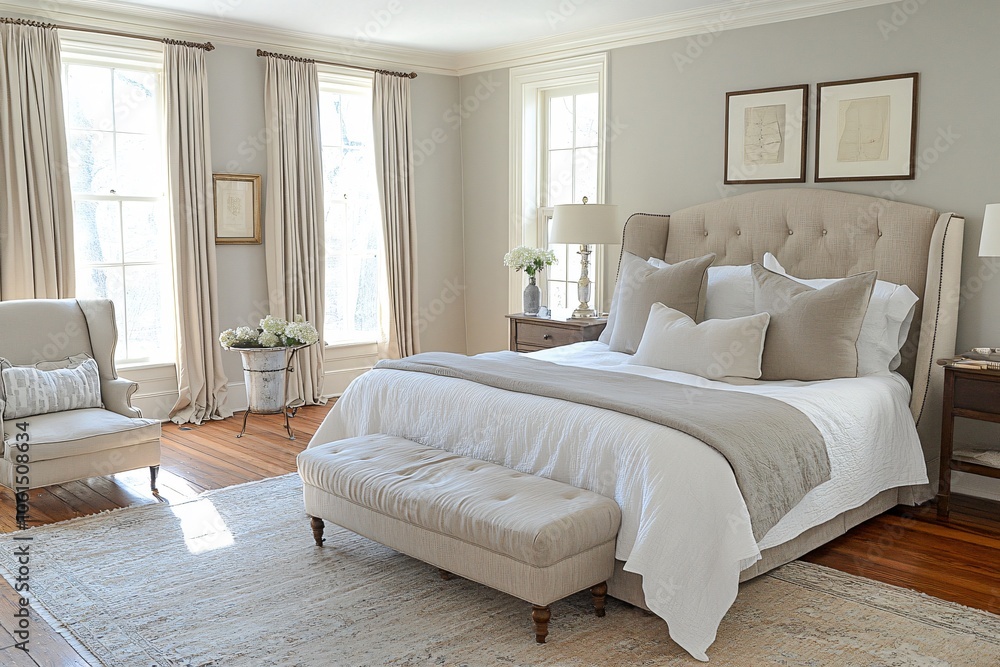 Fototapeta premium Sunlit Bedroom with Soft Shadows and Cozy Decor