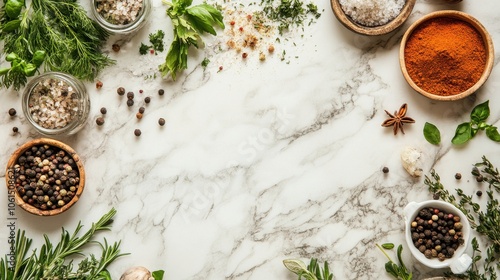 Fresh Herbs and Spices on Marble Background