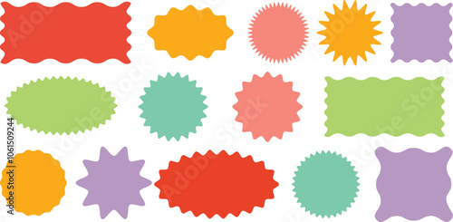 Vector frame set, colorful vintage zig zag, wavy edge shapes, abstract badge, label or stamp template collection , isolated