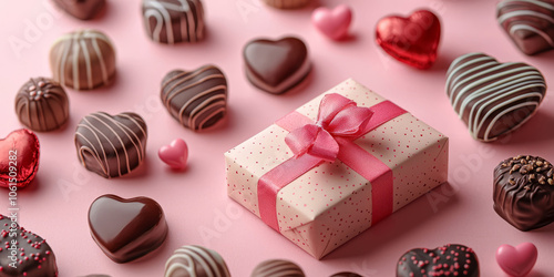 Valentine’s Day cards, wrapped gifts, and heart-shaped chocolates on a pink background. photo