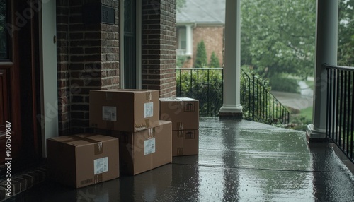 A set of cardboard boxes is placed on a wet porch during rain, indicating a recent delivery. photo