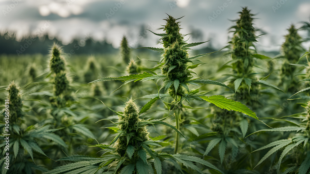 A field of marijuana plants with green leaves and tall stems A field of marijuana plants with green leaves and tall stems
