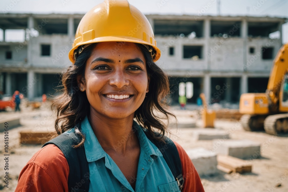 Close portrait of a smiling 40s Maldivian woman construction worker looking at the camera, Maldivian outdoors construction site blurred background Close portrait of a smiling 40s Maldivian woman construction worker looking at the camera, Maldivian outdoors construction site blurred background