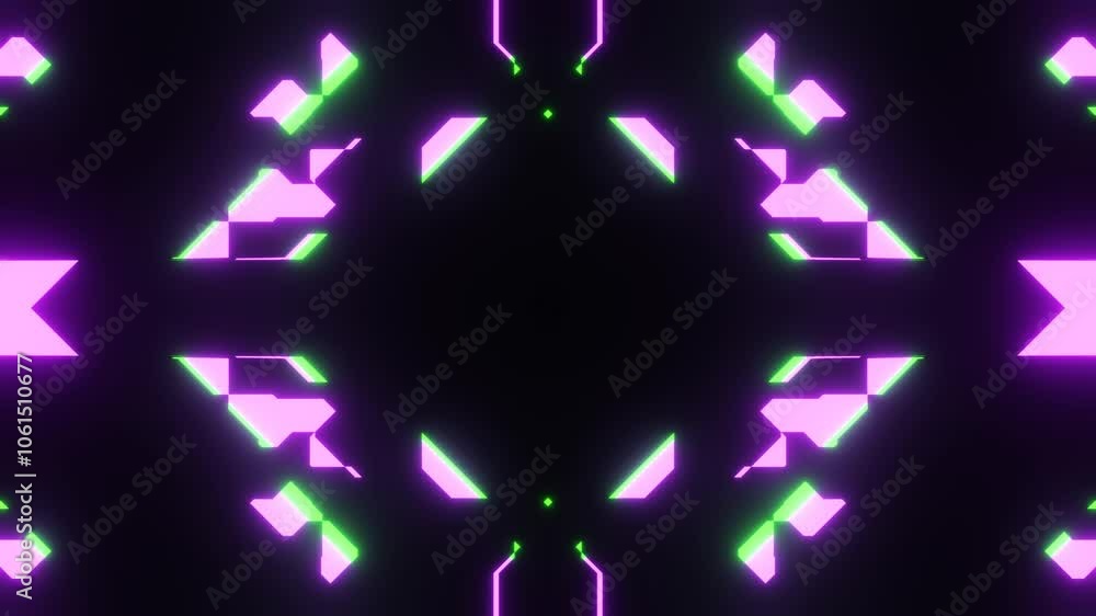 Kaleidoscopic patterns are forming with neon green and pink lights. This vj loop is ideal for electronic music projects, shows and performances