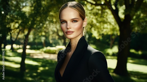 Confident Woman in Black Blazer Posing Outdoors in Sunlit Park