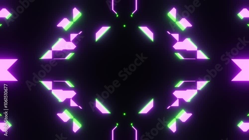 Kaleidoscopic patterns are forming with neon green and pink lights. This vj loop is ideal for electronic music projects, shows and performances