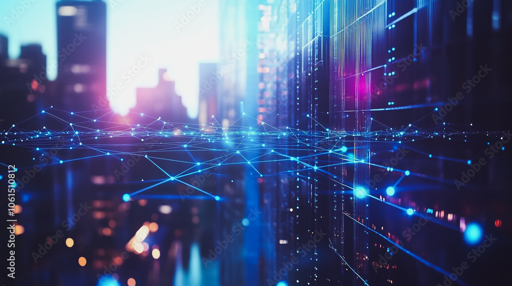 Fototapeta premium Smart digital city with connection cyber security network reciprocity over the cityscape . future smart wireless digital city and social media networking systems that connects people within the city