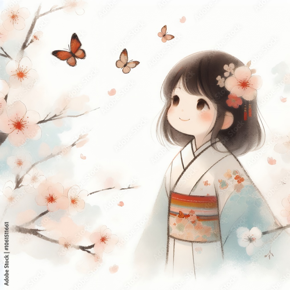 Young Japanese Girl in Kimono Admiring Cherry Blossoms with Butterflies with Generative AI. Young Japanese Girl in Kimono Admiring Cherry Blossoms with Butterflies with Generative AI.